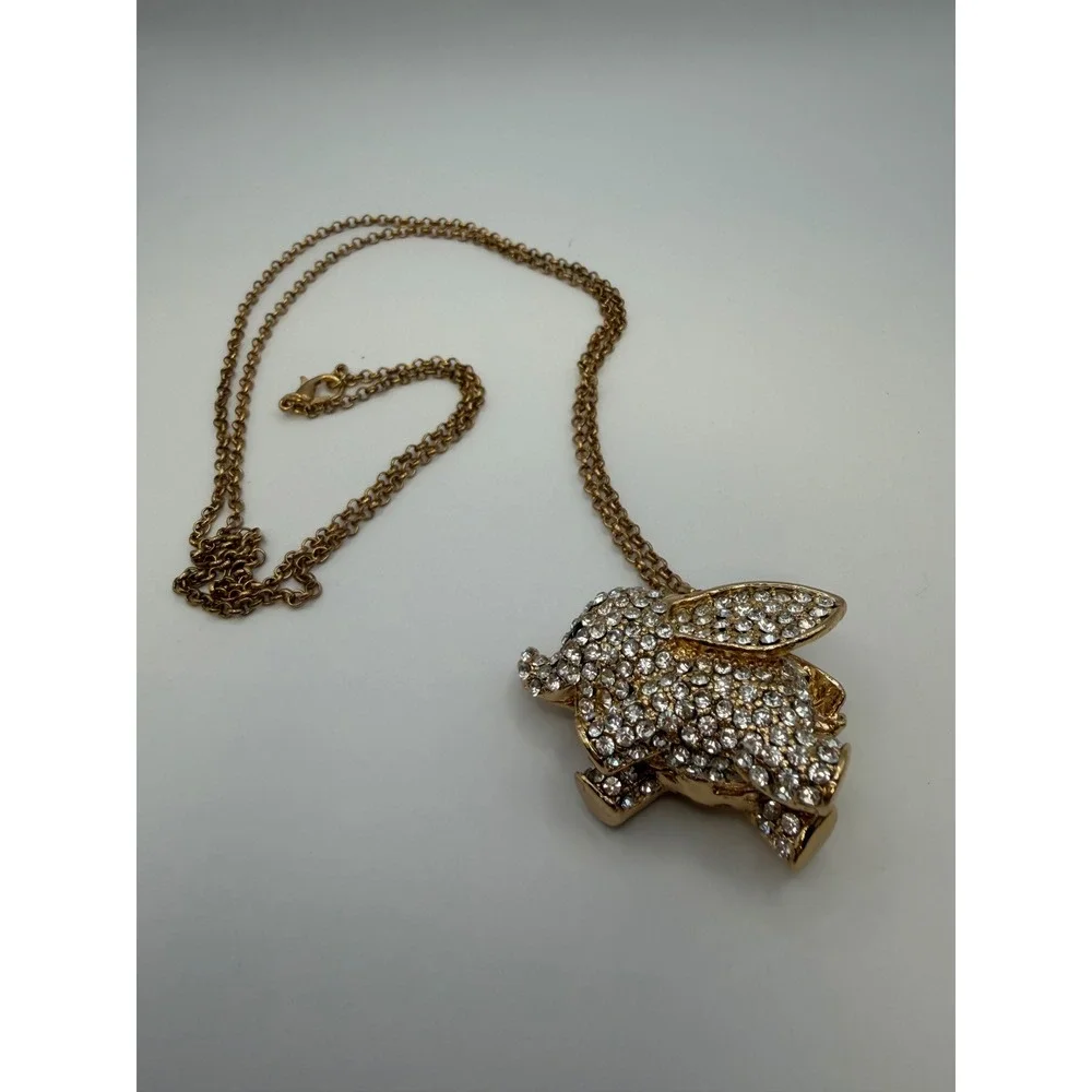 Sparkling Elephant Pendant Necklace Gold Tone Rhinestone Charm Statement Jewelry